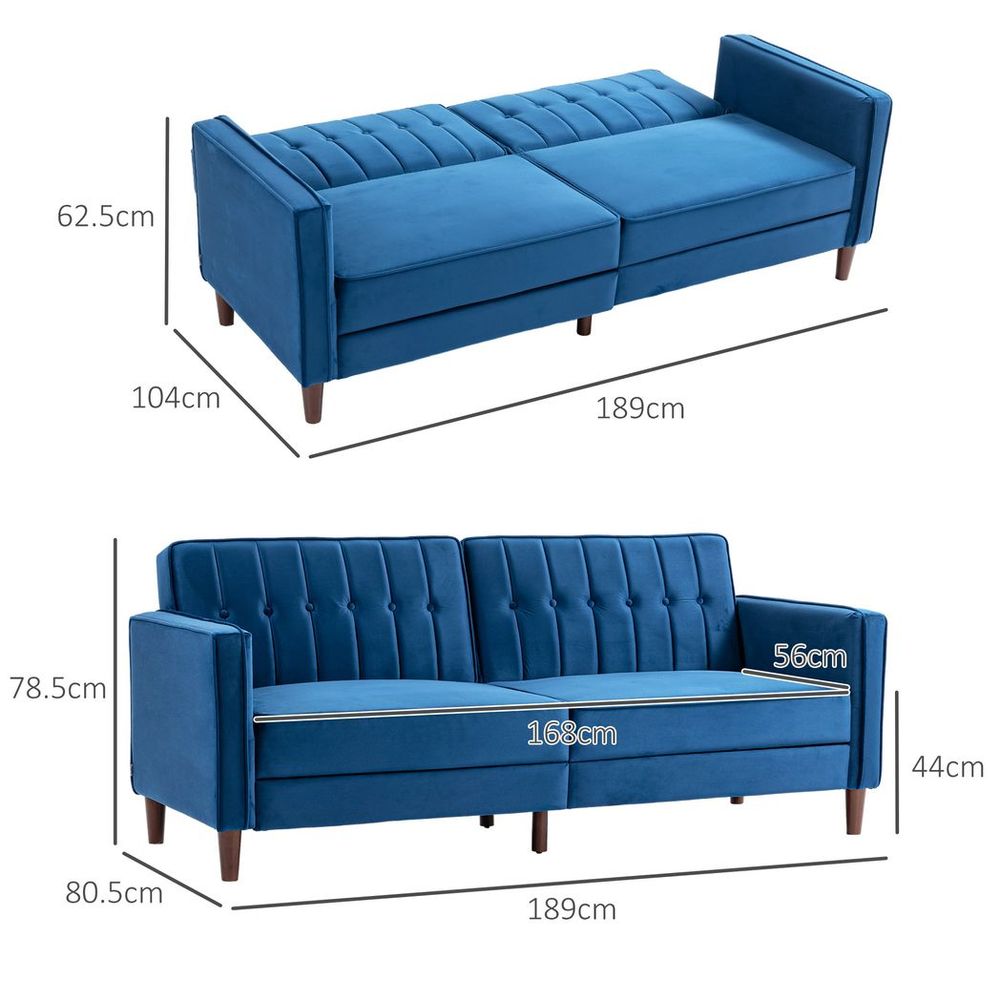 Convertible Sofa Futon Velvet-Touch Tufted Couch Sofa Bed Split Back Blue - Sofa Bed from HOMCOM