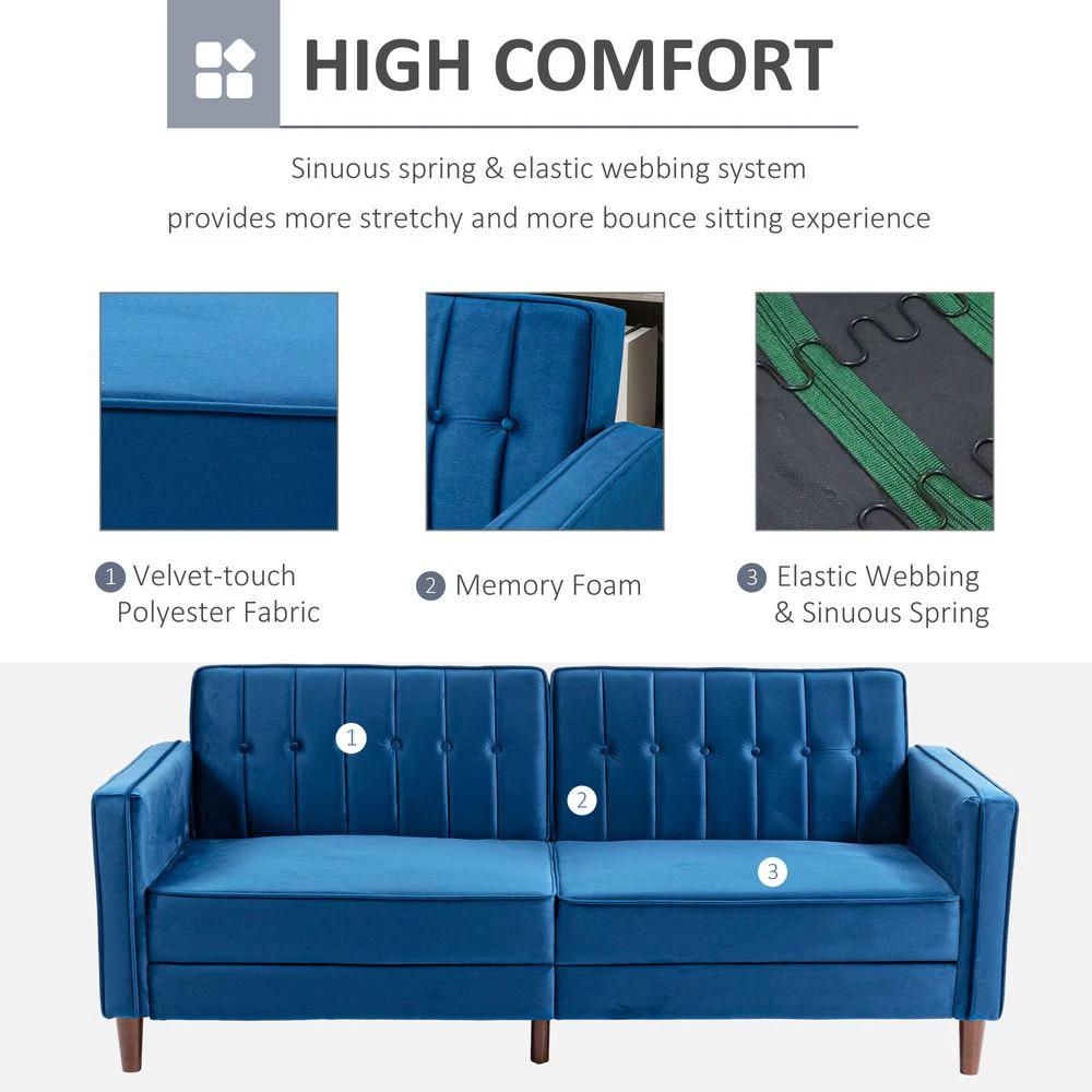 Convertible Sofa Futon Velvet-Touch Tufted Couch Sofa Bed Split Back Blue by HOMCOM