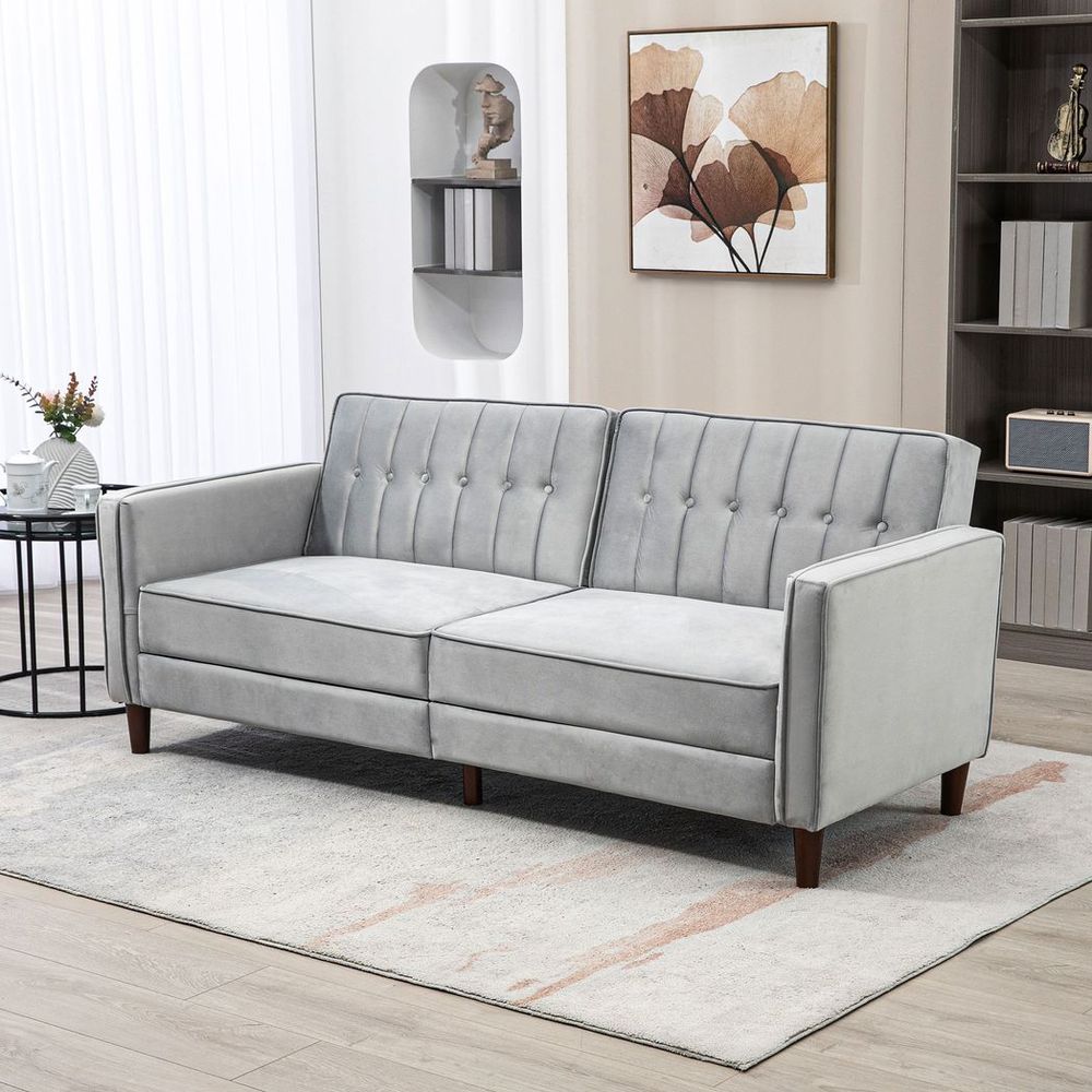 Convertible Sofa Futon Velvet-Touch Tufted Couch Sofa Bed Split Back Grey - Sofa Bed from HOMCOM