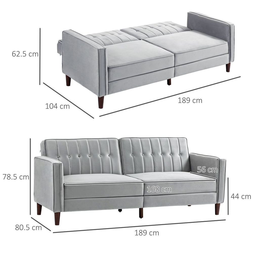 Convertible Sofa Futon Velvet-Touch Tufted Couch Sofa Bed Split Back Grey - Sofa Bed from HOMCOM