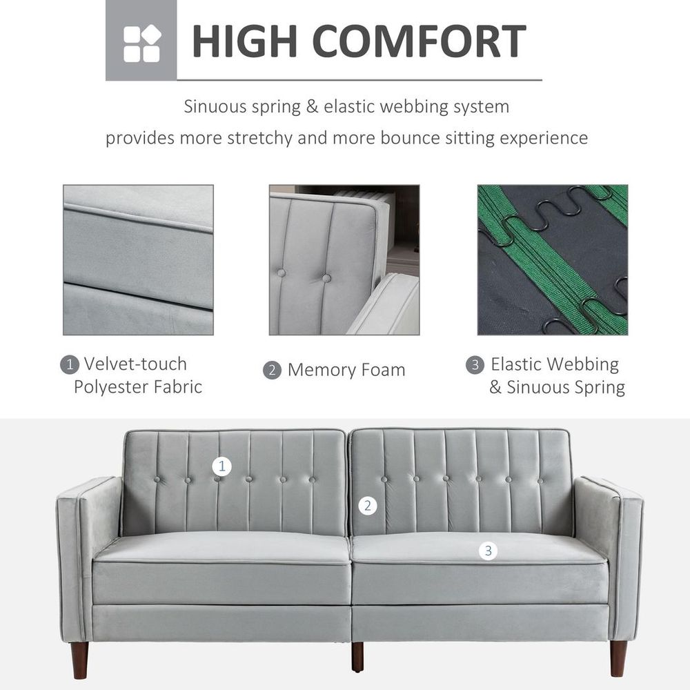 Convertible Sofa Futon Velvet-Touch Tufted Couch Sofa Bed Split Back Grey - Sofa Bed from HOMCOM