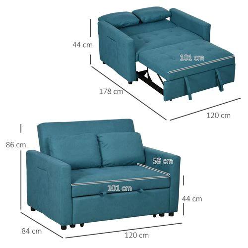 HOMCOM HOMCOM 2 Seater Sofa Bed Convertible Bed Settee with Cushions, Pockets, Blue - Sofa Bed