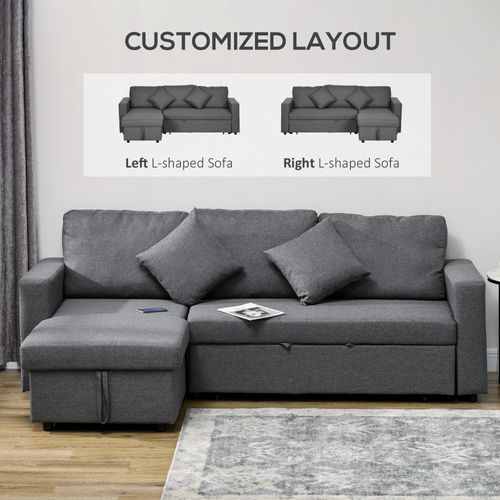 HOMCOM Corner Sofa Bed with Storage, 3 Seater Pull Out Sofa Bed, Dark Grey - Sofa Bed from HOMCOM