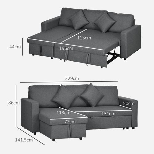 HOMCOM Corner Sofa Bed with Storage, 3 Seater Pull Out Sofa Bed, Dark Grey - Sofa Bed from HOMCOM