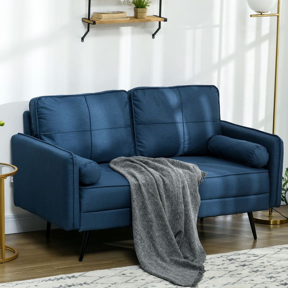 2 Seater Homcom Sofa 143cm Modern Fabric Couch Back Cushions and Pillows, Blue - Sofa from HOMCOM