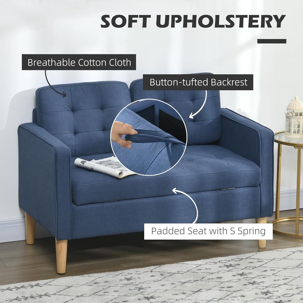 Compact Loveseat Sofa 2 Seater Sofa with Storage and Wood Legs Blue - Sofa from HOMCOM
