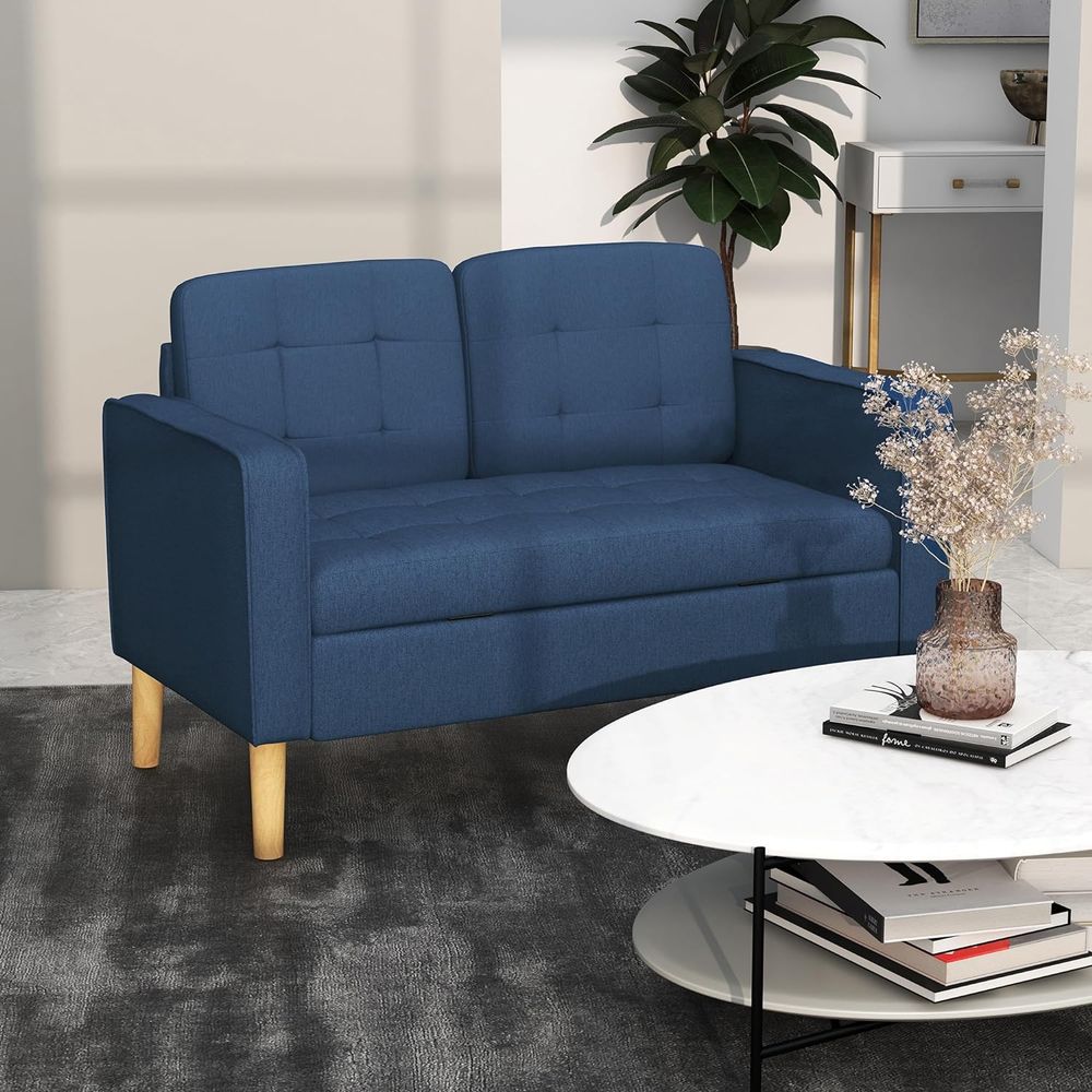 Compact Loveseat Sofa 2 Seater Sofa with Storage and Wood Legs Blue - Sofa from HOMCOM