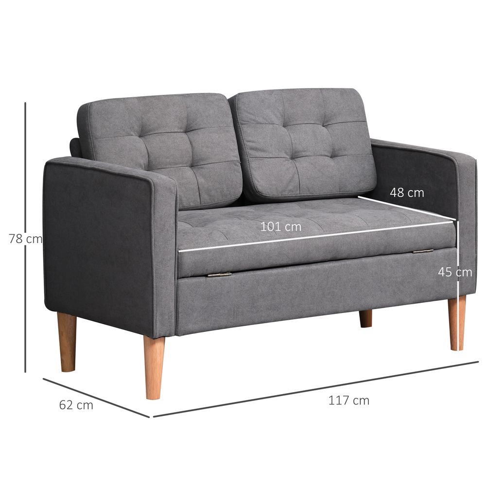 Compact Loveseat Sofa 2 Seater Sofa with Storage and Wood Legs Grey - Sofa from HOMCOM