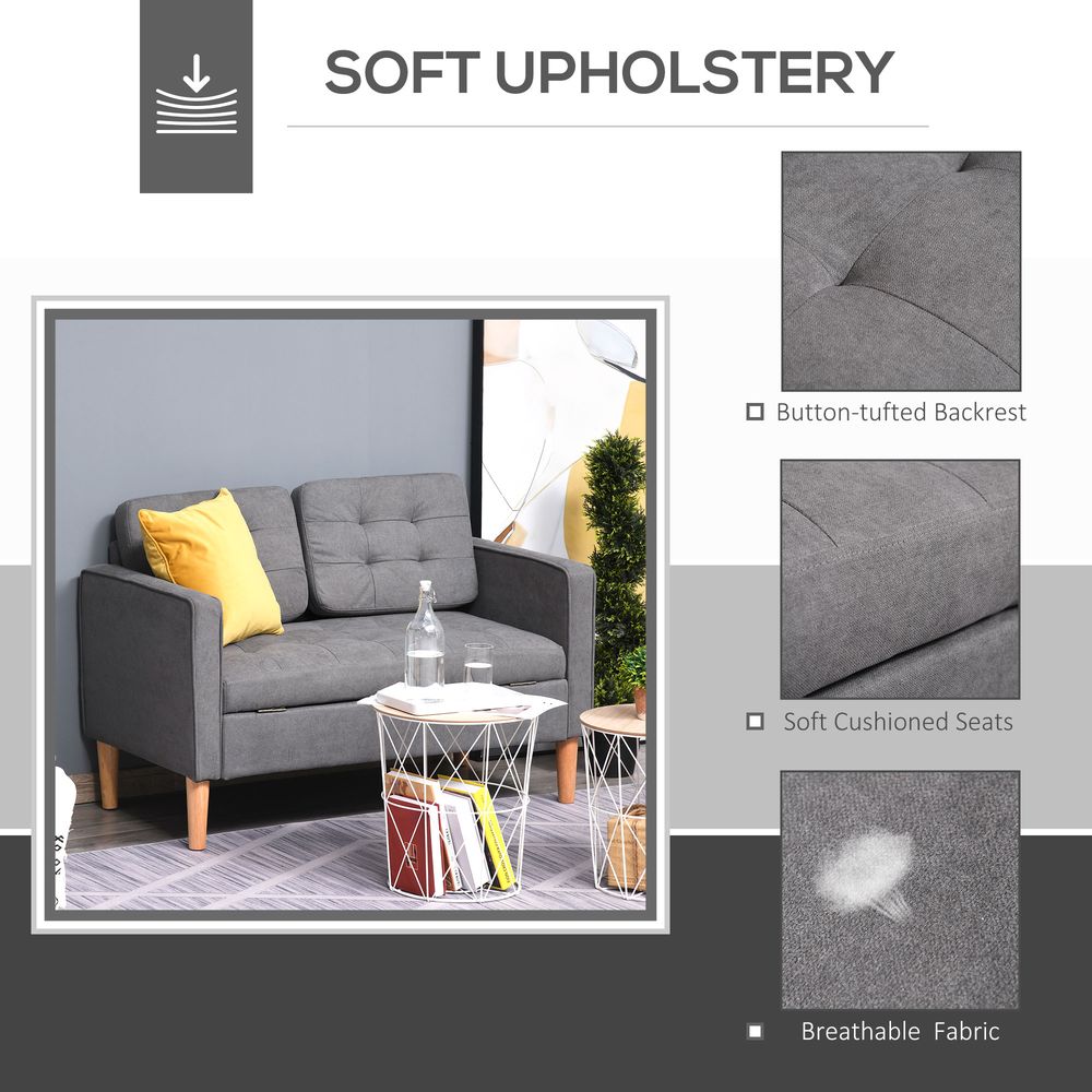 Compact Loveseat Sofa 2 Seater Sofa with Storage and Wood Legs Grey - Sofa from HOMCOM
