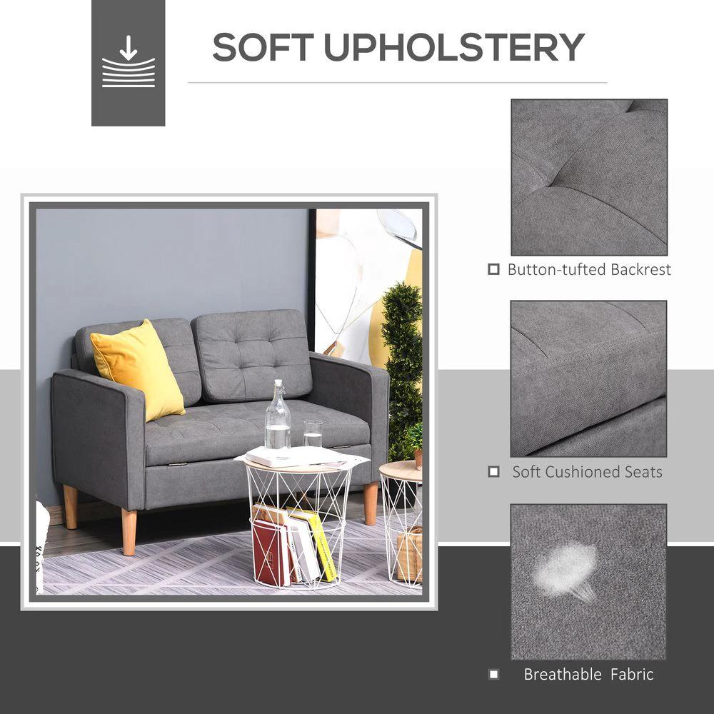 Compact Loveseat Sofa 2 Seater Sofa with Storage and Wood Legs Grey by HOMCOM