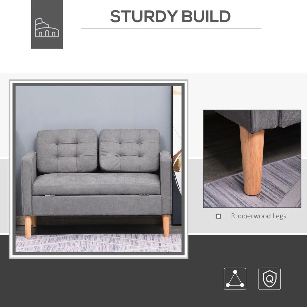 Compact Loveseat Sofa 2 Seater Sofa with Storage and Wood Legs Grey by HOMCOM