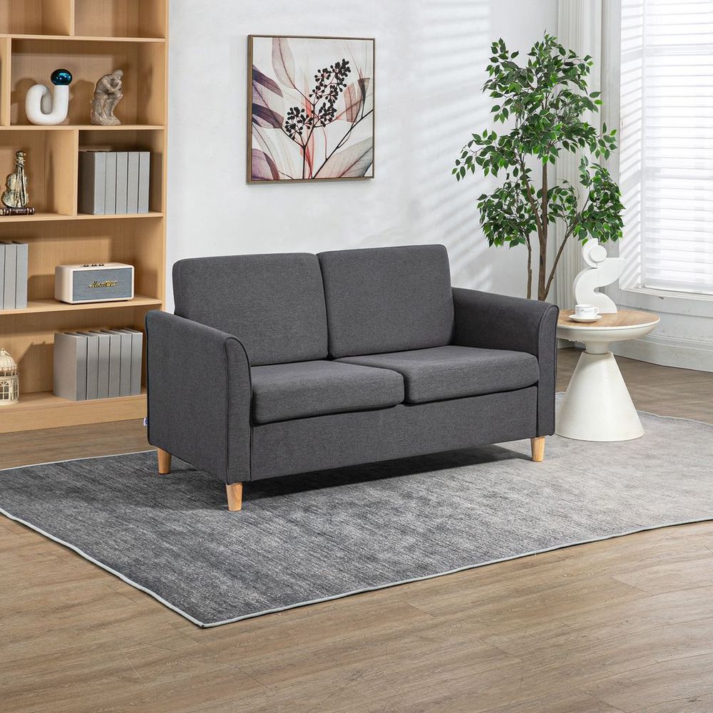 Double Seat Sofa Linen Upholstery Loveseat Couch w/ Armrests, Dark Grey - Sofa from HOMCOM