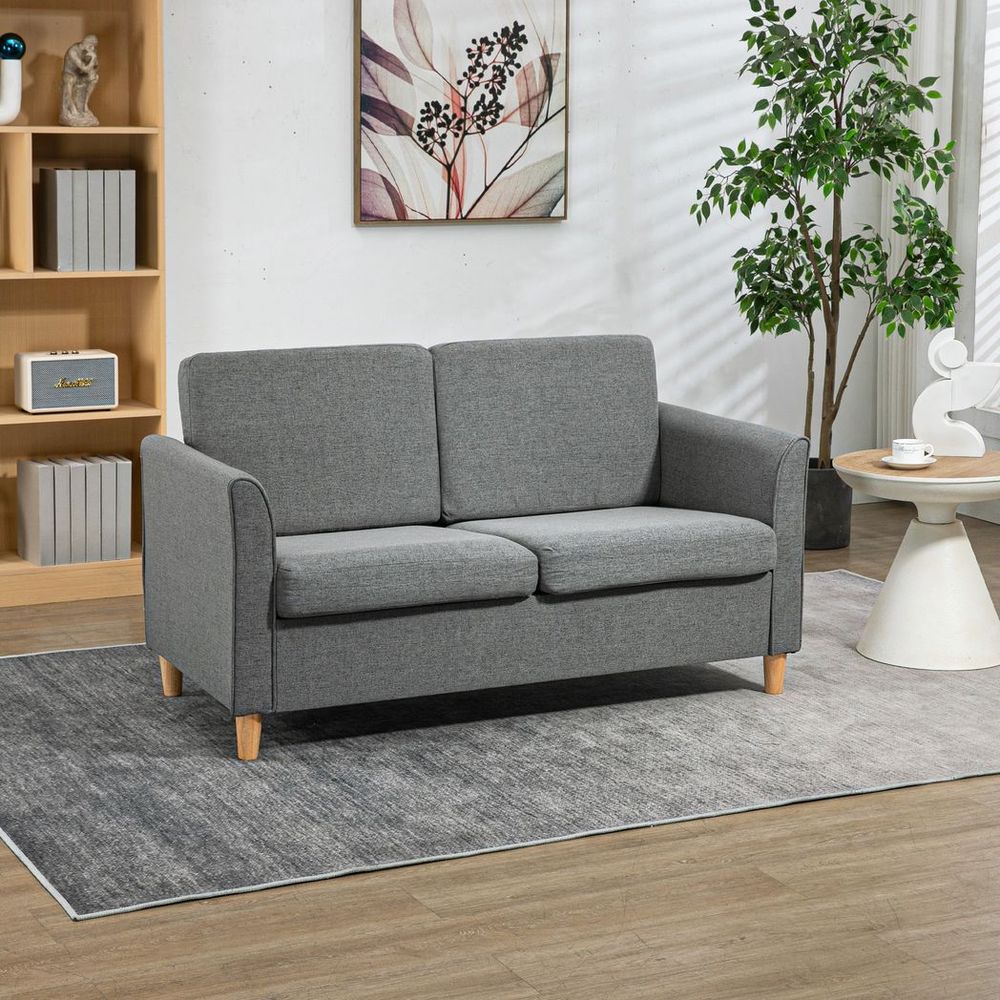Double Seat Sofa Linen Upholstery Loveseat Couch w/ Armrests, Grey - Sofa from HOMCOM