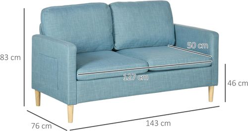HOMCOM 2 Seater Sofa Modern Fabric Couch with Wood Legs and 2 Pockets Blue - Sofa from HOMCOM