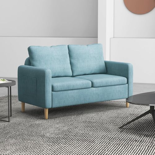 HOMCOM 2 Seater Sofa Modern Fabric Couch with Wood Legs and 2 Pockets Blue - Sofa from HOMCOM