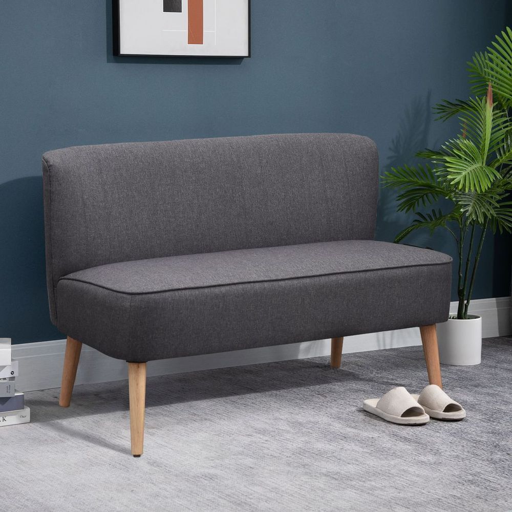 Modern Double Seat Sofa Loveseat Couch Padded Linen Wood Legs, Dark Grey - Sofa from HOMCOM