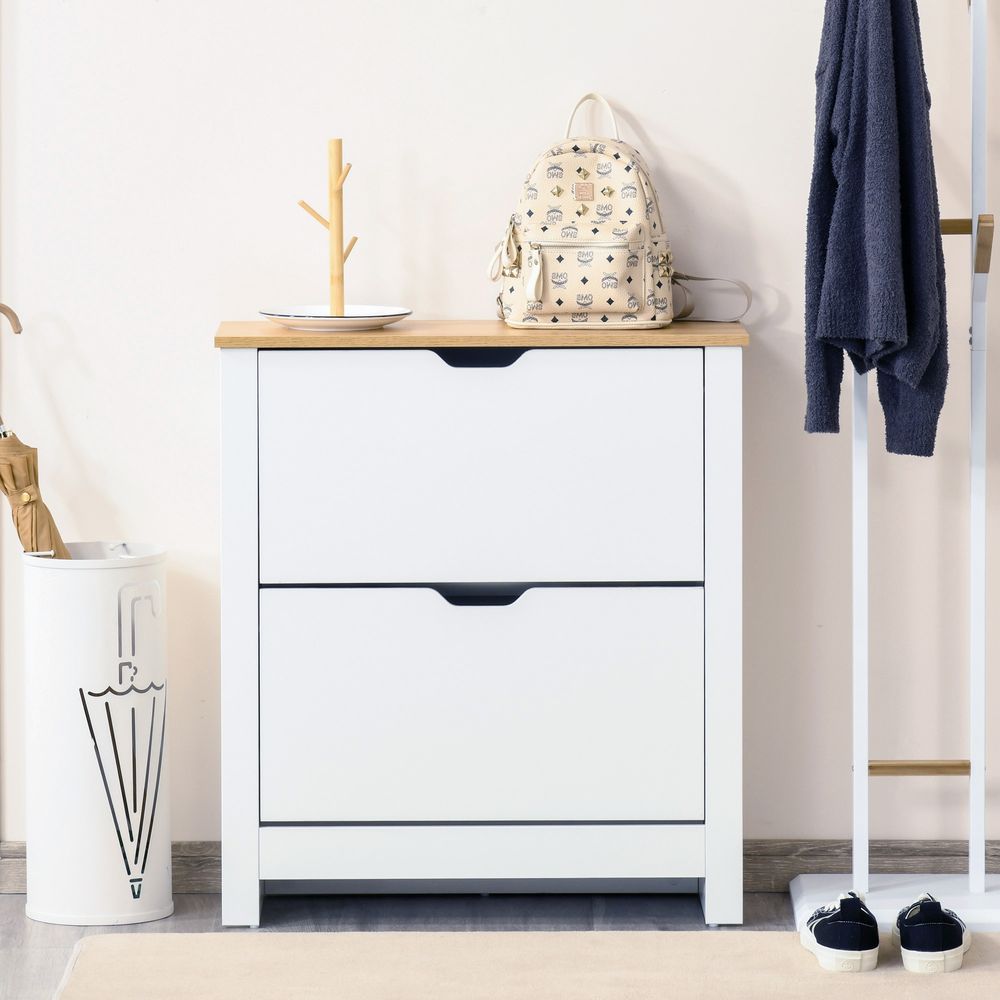 12-Shoe Storage Cabinet Homcom4 Shelves 2 Drawers Tabletop 4 Legs White - Storage Box from HOMCOM