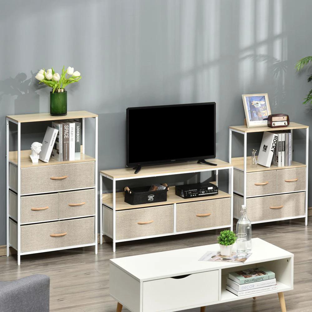 TV Cabinet, TV Console Unit with 2 Foldable Linen Drawers Maple Colour by HOMCOM
