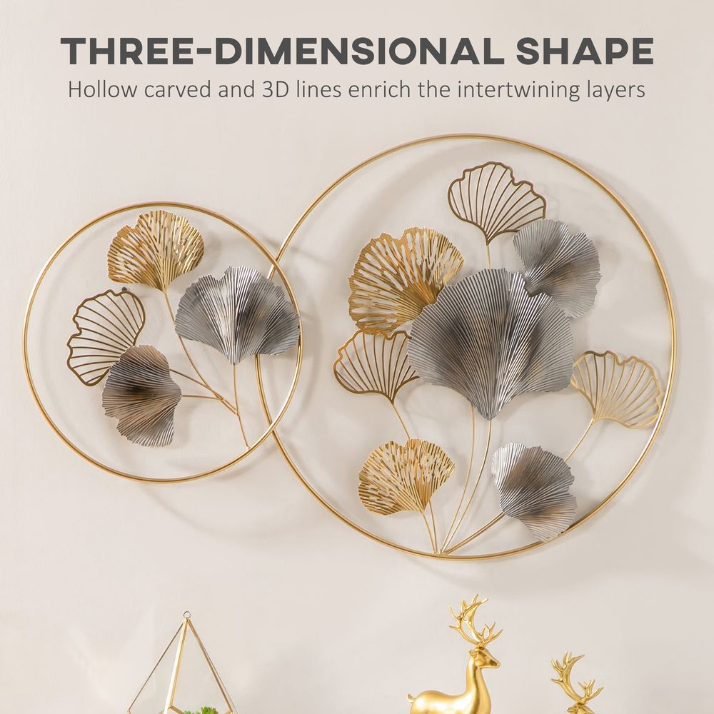 Minimalist Metal Wall Art Ginkgo Leaves Hanging Wall Sculpture, Gold - Wall Art from HOMCOM