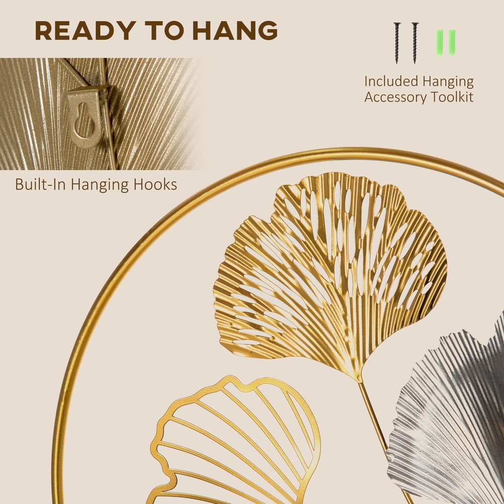 Minimalist Metal Wall Art Ginkgo Leaves Hanging Wall Sculpture, Gold - Wall Art from HOMCOM