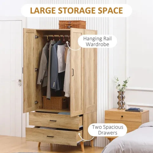 2 Door Wardrobe, Modern Wardrobe w/ 2 Drawer, Hanging Rail for Bedroom Natural - Wardrobe from HOMCOM