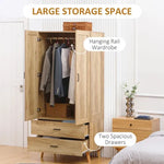 2 Door Wardrobe, Modern Wardrobe w/ 2 Drawer, Hanging Rail for Bedroom Natural - Wardrobe from HOMCOM