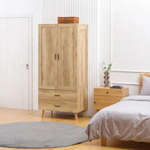2 Door Wardrobe, Modern Wardrobe w/ 2 Drawer, Hanging Rail for Bedroom Natural - Wardrobe from HOMCOM