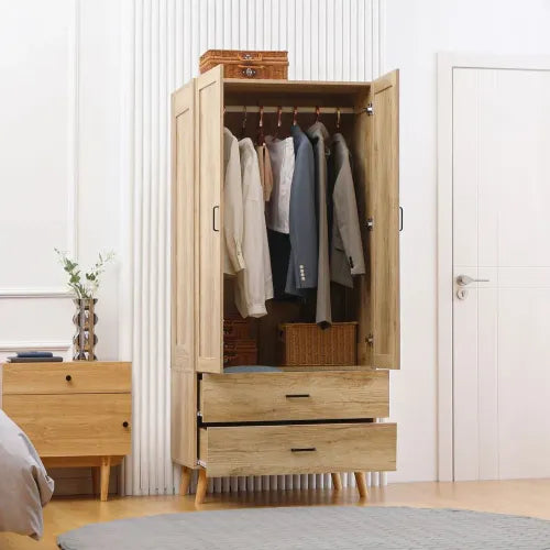 2 Door Wardrobe, Modern Wardrobe w/ 2 Drawer, Hanging Rail for Bedroom Natural - Wardrobe from HOMCOM