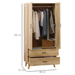 2 Door Wardrobe, Modern Wardrobe w/ 2 Drawer, Hanging Rail for Bedroom Natural - Wardrobe from HOMCOM