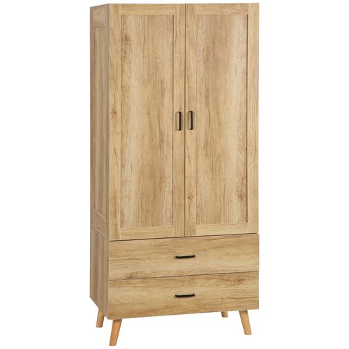 2 Door Wardrobe, Modern Wardrobe w/ 2 Drawer, Hanging Rail for Bedroom Natural - Wardrobe from HOMCOM