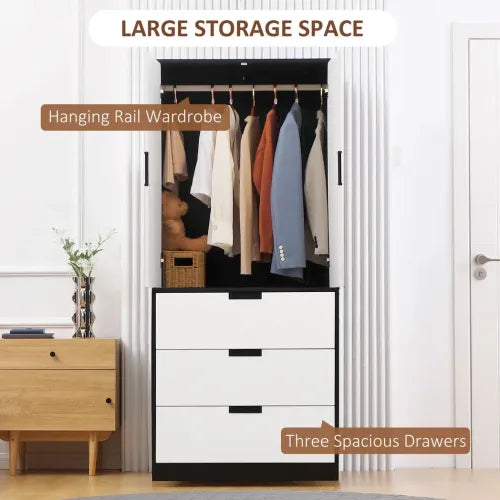 2 Door Wardrobe Modern Wardrobe with 3 Drawer and Hanging Rod for Bedroom White - Wardrobe from HOMCOM