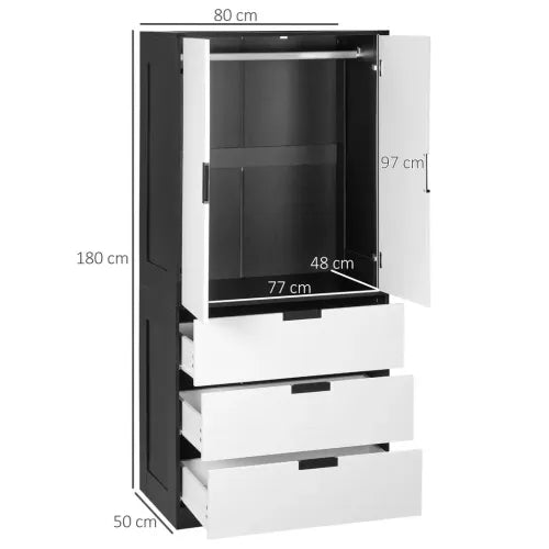 2 Door Wardrobe Modern Wardrobe with 3 Drawer and Hanging Rod for Bedroom White - Wardrobe from HOMCOM