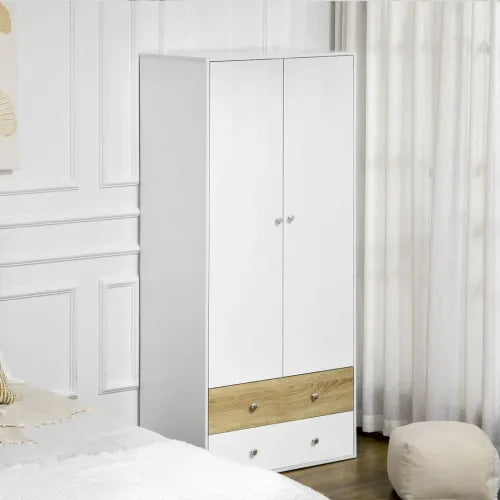 2 Door Wardrobe White Wardrobe with Drawers and Hanging Rod for Bedroom - Wardrobe from HOMCOM