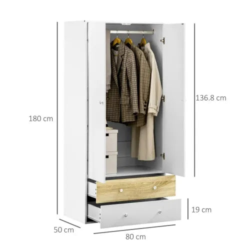 2 Door Wardrobe White Wardrobe with Drawers and Hanging Rod for Bedroom - Wardrobe from HOMCOM