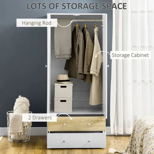 2 Door Wardrobe White Wardrobe with Drawers and Hanging Rod for Bedroom - Wardrobe from HOMCOM