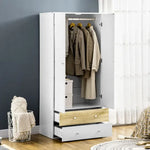 2 Door Wardrobe White Wardrobe with Drawers and Hanging Rod for Bedroom - Wardrobe from HOMCOM