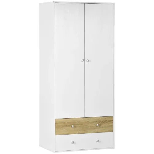 2 Door Wardrobe White Wardrobe with Drawers and Hanging Rod for Bedroom - Wardrobe from HOMCOM