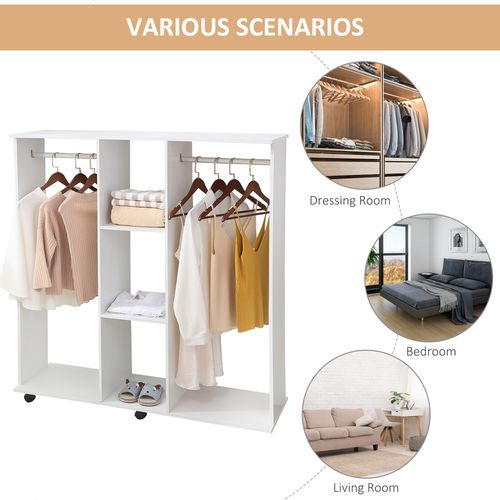 Mobile Double Open Wardrobe w/ Clothes Hanging Rail Colthing White - Wardrobe from HOMCOM