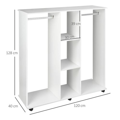 Mobile Double Open Wardrobe w/ Clothes Hanging Rail Colthing White - Wardrobe from HOMCOM