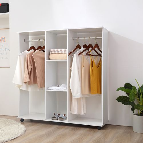 Mobile Double Open Wardrobe w/ Clothes Hanging Rail Colthing White - Wardrobe from HOMCOM