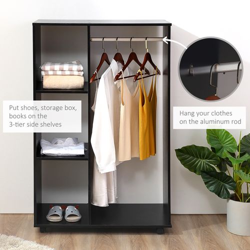 Rolling Open Wardrobe Hanging Rail Storage Shelves for Clothes, Black - Wardrobe from HOMCOM