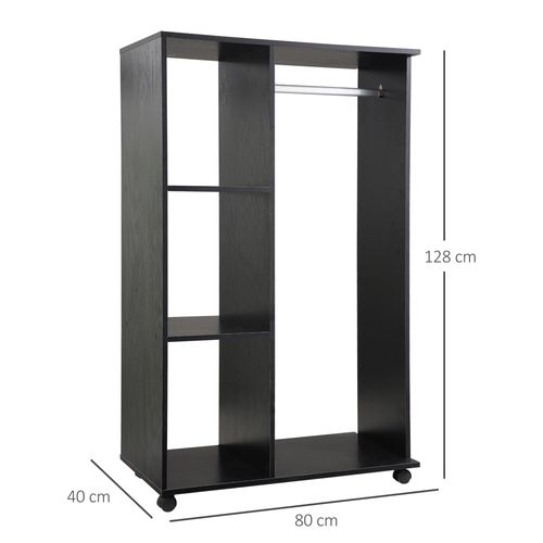 Rolling Open Wardrobe Hanging Rail Storage Shelves for Clothes, Black - Wardrobe from HOMCOM