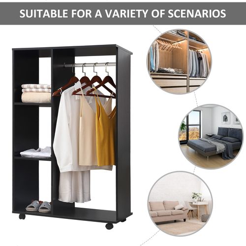Rolling Open Wardrobe Hanging Rail Storage Shelves for Clothes, Black - Wardrobe from HOMCOM