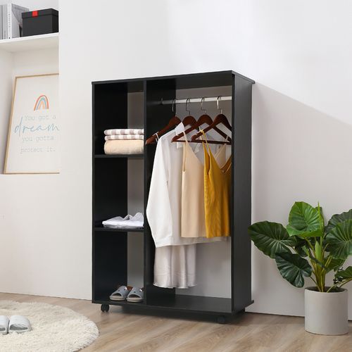 Rolling Open Wardrobe Hanging Rail Storage Shelves for Clothes, Black - Wardrobe from HOMCOM