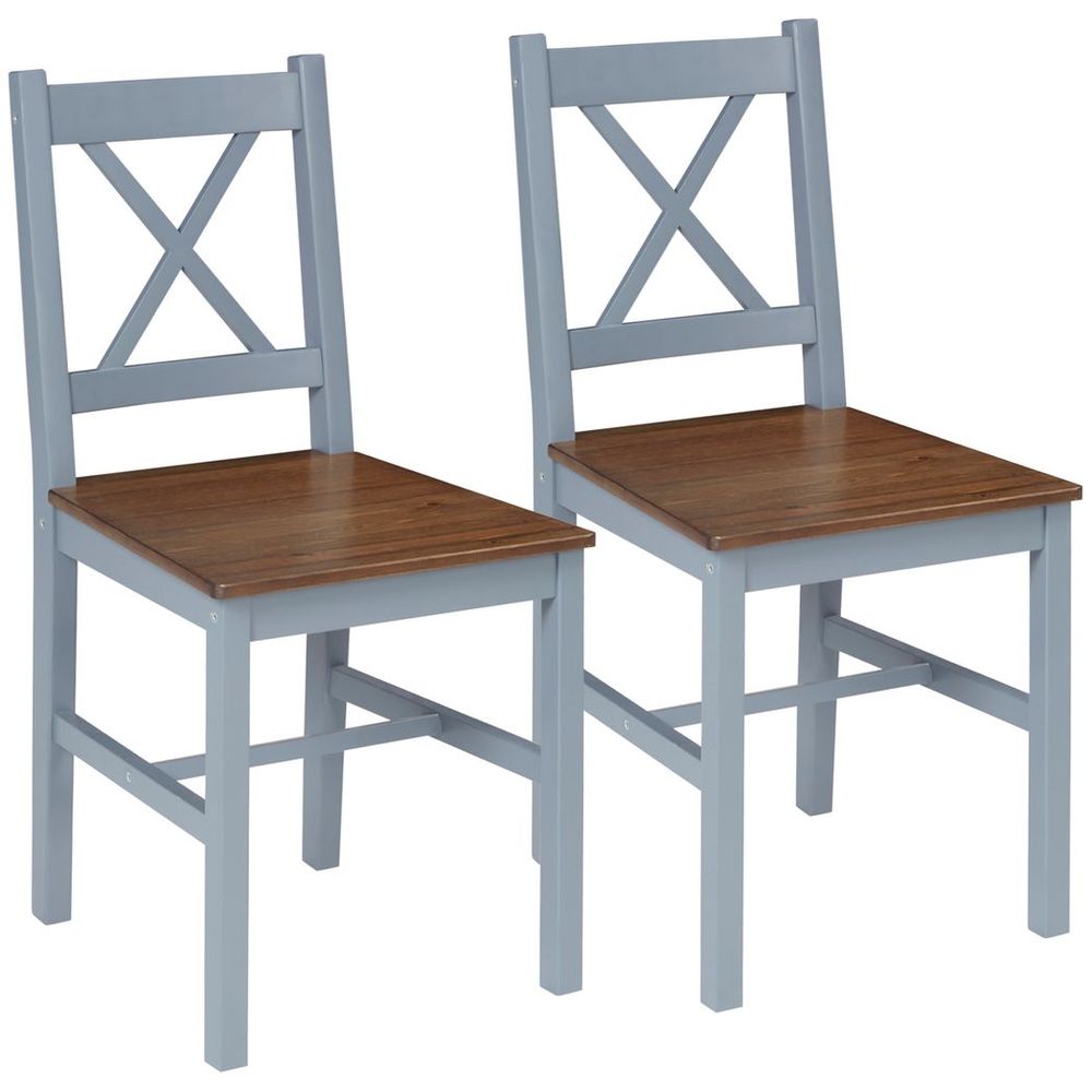 Dining Chairs Set of 2, Pine Wood Frame, Cross Back for Kitchen Grey - Wooden Chairs from HOMCOM