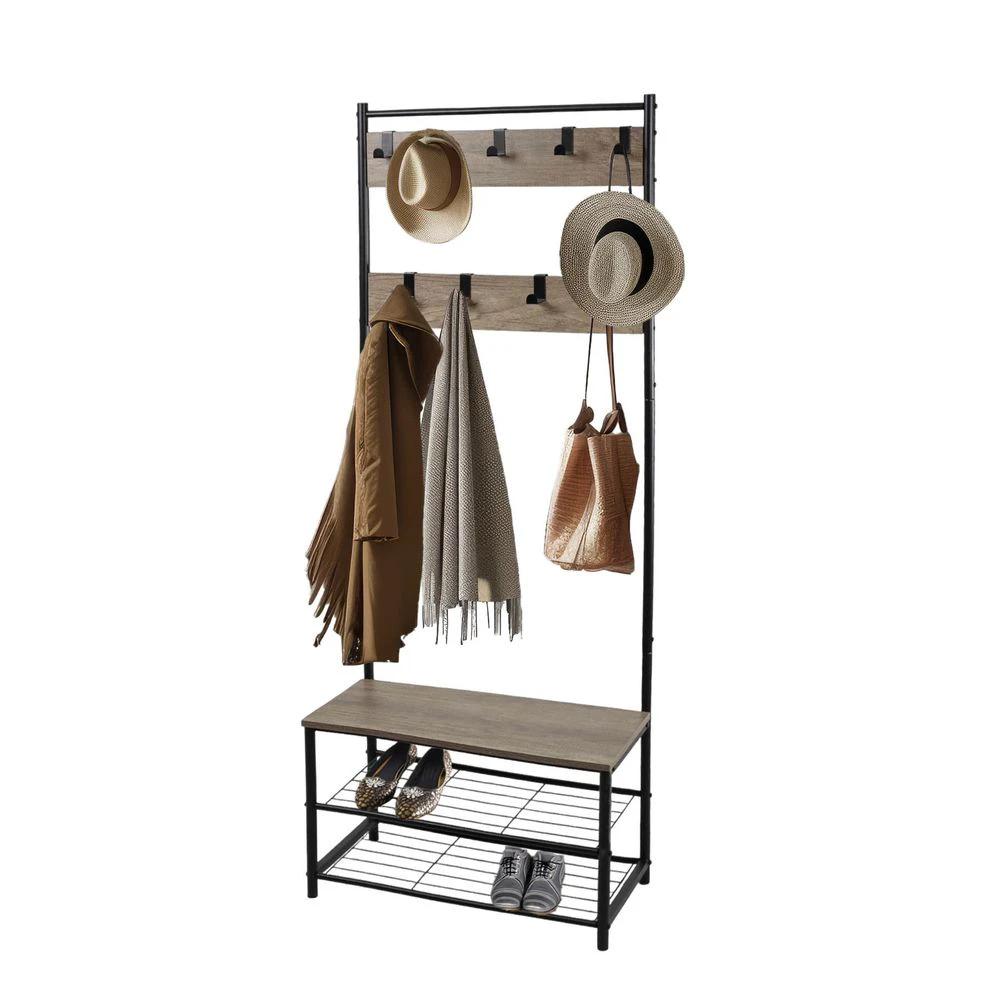 House of Home Coat Rack Stand with Shoe Storage Bench 9 Hooks Rustic Light Brown Entrance Hall - Uncategorized Shoe Storage