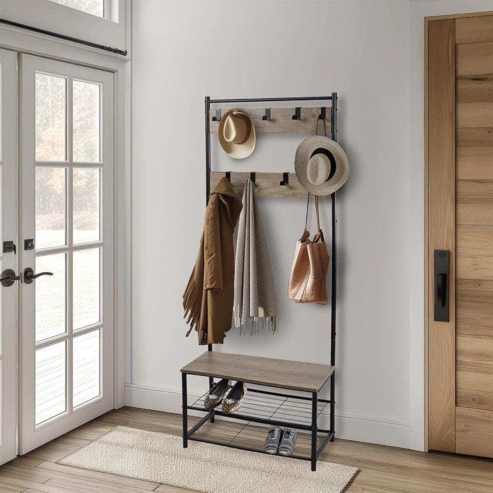 House of Home Coat Rack Stand with Shoe Storage Bench 9 Hooks Rustic Light Brown Entrance Hall - Uncategorized Shoe Storage