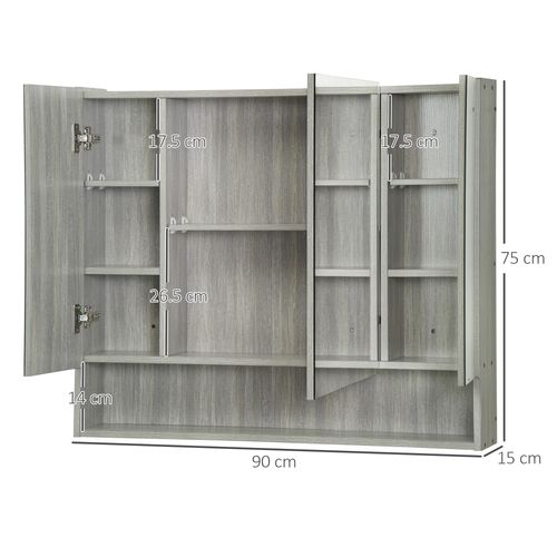 kleankin Bathroom Mirror Cabinet, Wall Mounted 3 Doors and Cupboards, Grey - Mirror from kleankin