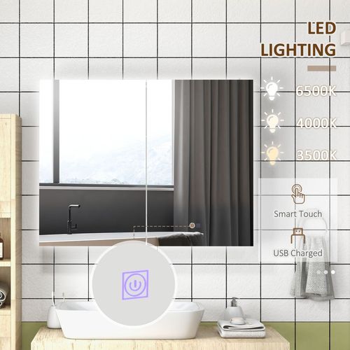 kleankin Wall Mounted Bathroom Storage Cupboard with Mirror, LED Light, USB - Mirror from kleankin