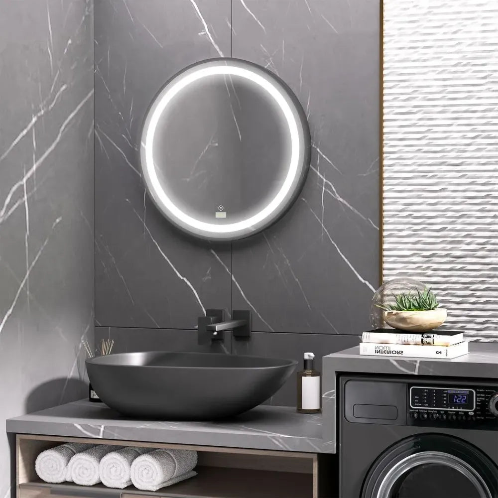 LED Smart Bathroom Mirror Wall Mounted Round Vanity Mirror w/ Lights, Black - Mirror from kleankin